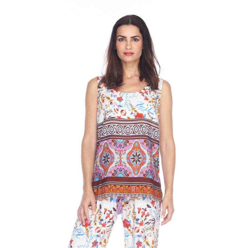 NEW PAPARAZZI rayon border print scoop neck tank top in white
